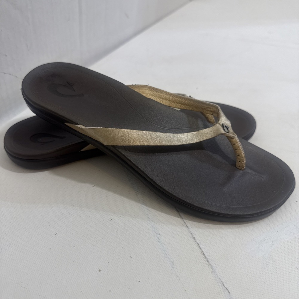 Olukai Ho'opio Gold Brown Leather Strap Boho Flip Flops Sandals Women's Size 8 - Picture 6 of 11